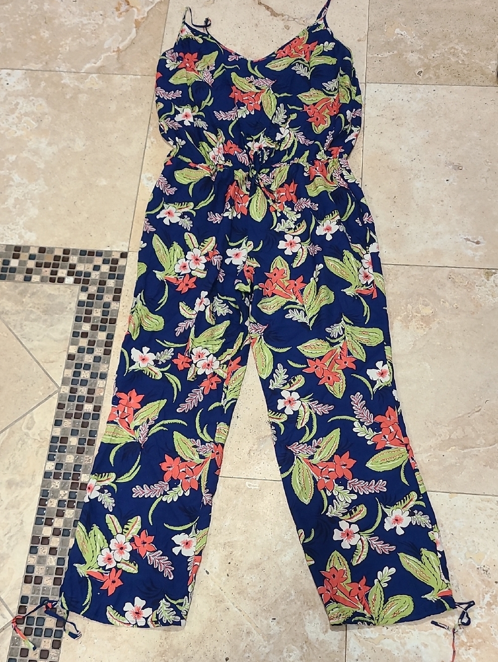 Ralph Lauren Navy Floral Tie-Leg Spaghetti-Strap Jumpsuit